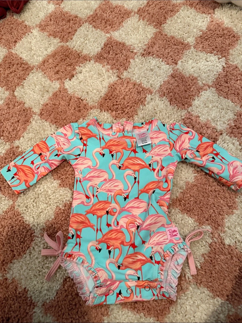 Ruffle Butss Flamingo Print Baby Rash Guard One-Piece - Pink & Aqua 0-3 month